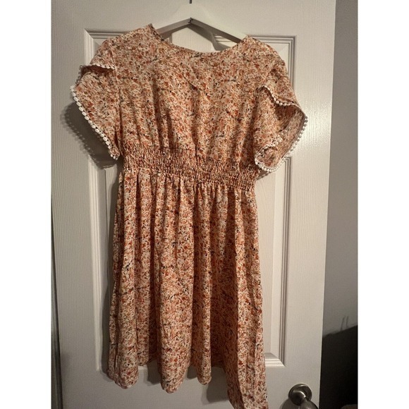 SHEIN VCAY Ditsy Floral Print‎ Guipure Lace Trim Petal Sleeve Shirred Dress Sz L - Picture 1 of 9